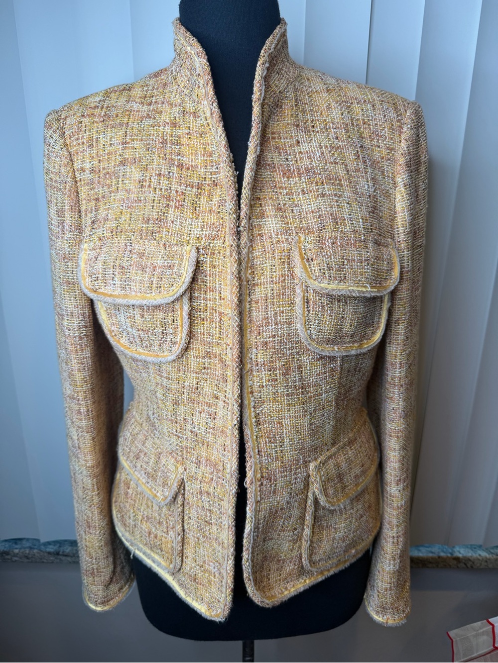 Anne Klein Women's Yellow Beige Tweed Pocket Jacket Size 10